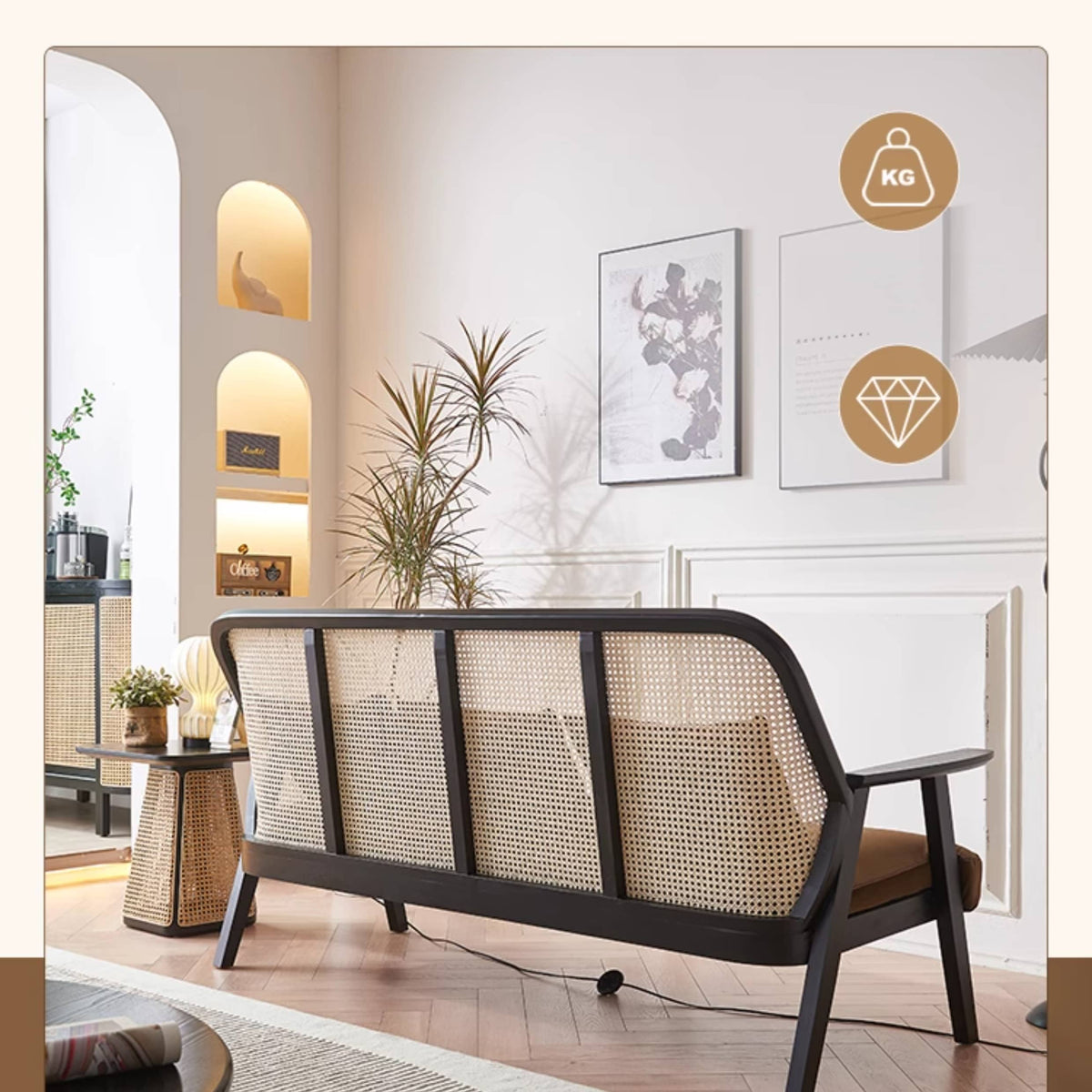 Elegant Dark Brown Ash Wood Sofa with Intricate Rattan Detailing htzm-1514