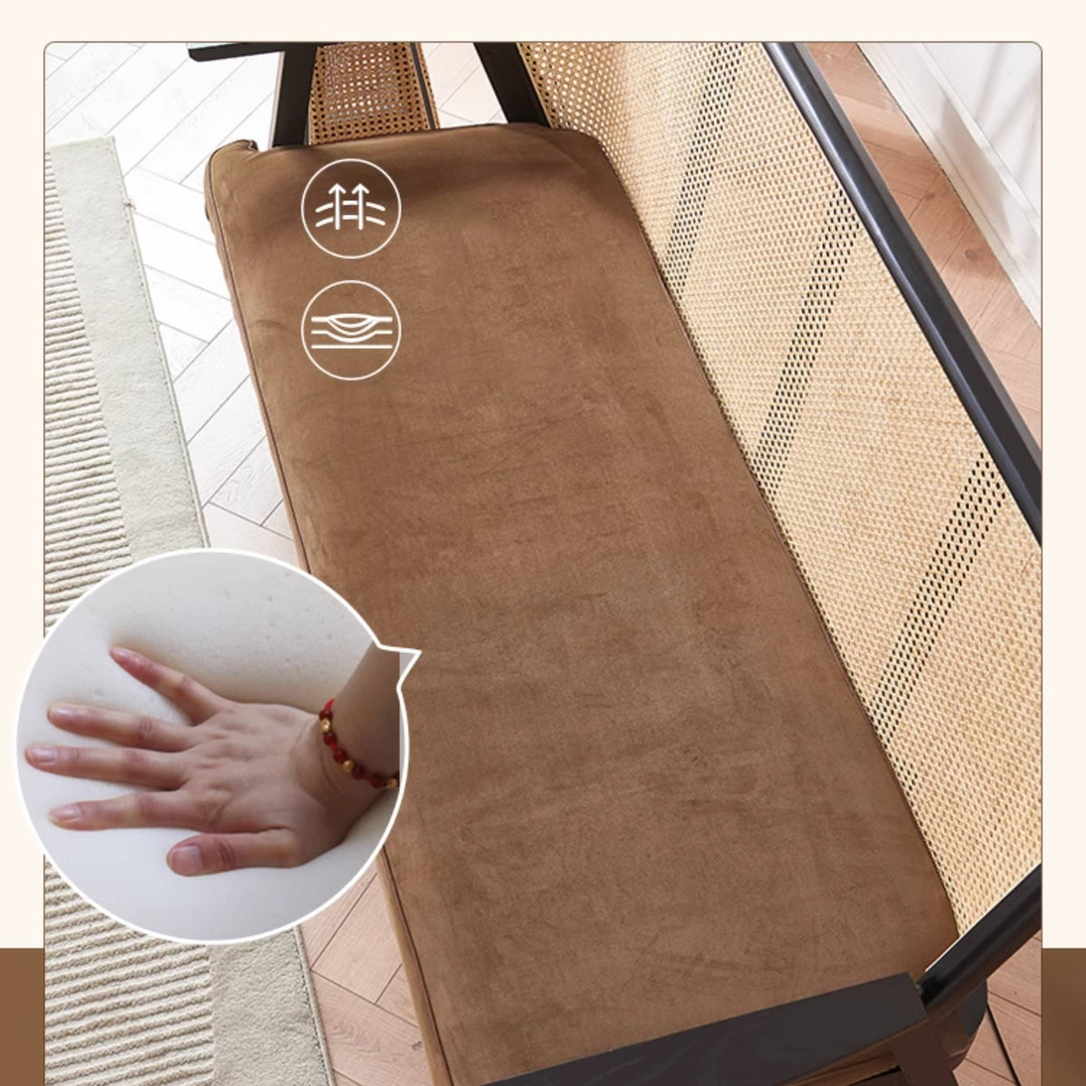 Elegant Dark Brown Ash Wood Sofa with Intricate Rattan Detailing htzm-1514