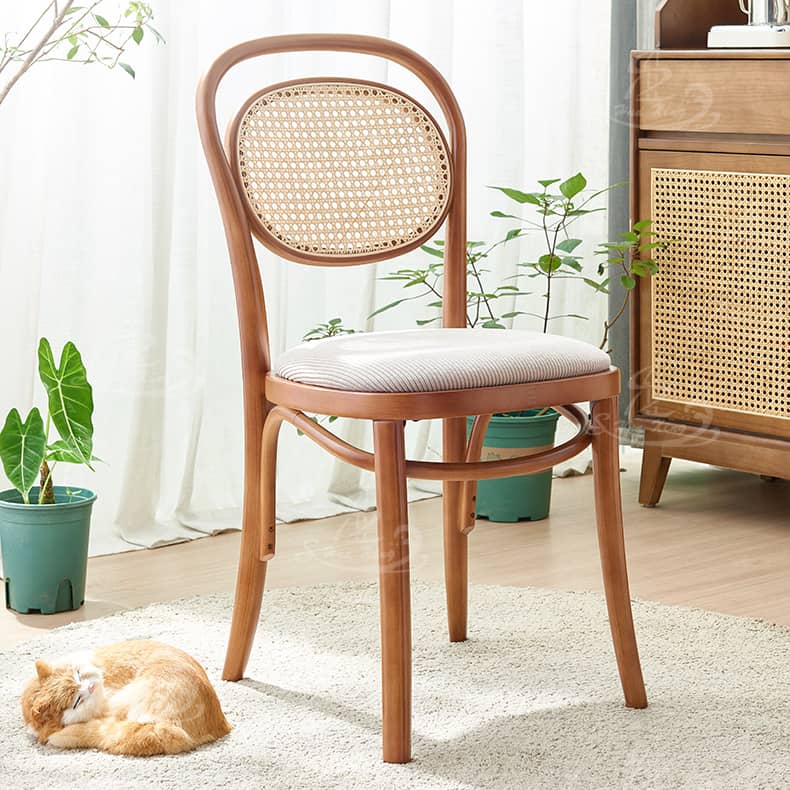 Elegant Brown Cherry Wood Chair with Natural Rattan Accent htzm-1517