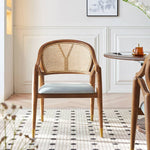 Elegant Brown Ash Wood Table with Rattan Accents and Cotton Linen Blend htzm-1520