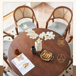 Elegant Brown Ash Wood Table with Rattan Accents and Cotton Linen Blend htzm-1520