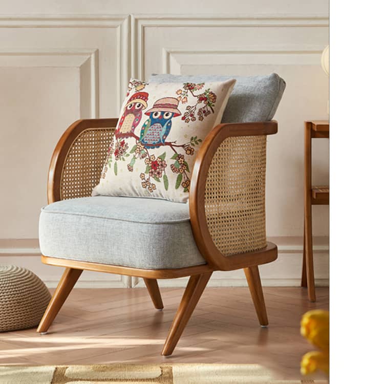 Elegant Ash Wood Sofa with Rattan Accents and Cotton Linen Upholstery htzm-1522