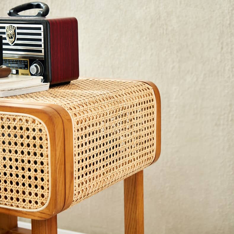 Stylish Ash Wood and Rattan Bedside Cupboard - Natural Finish htzm-1524