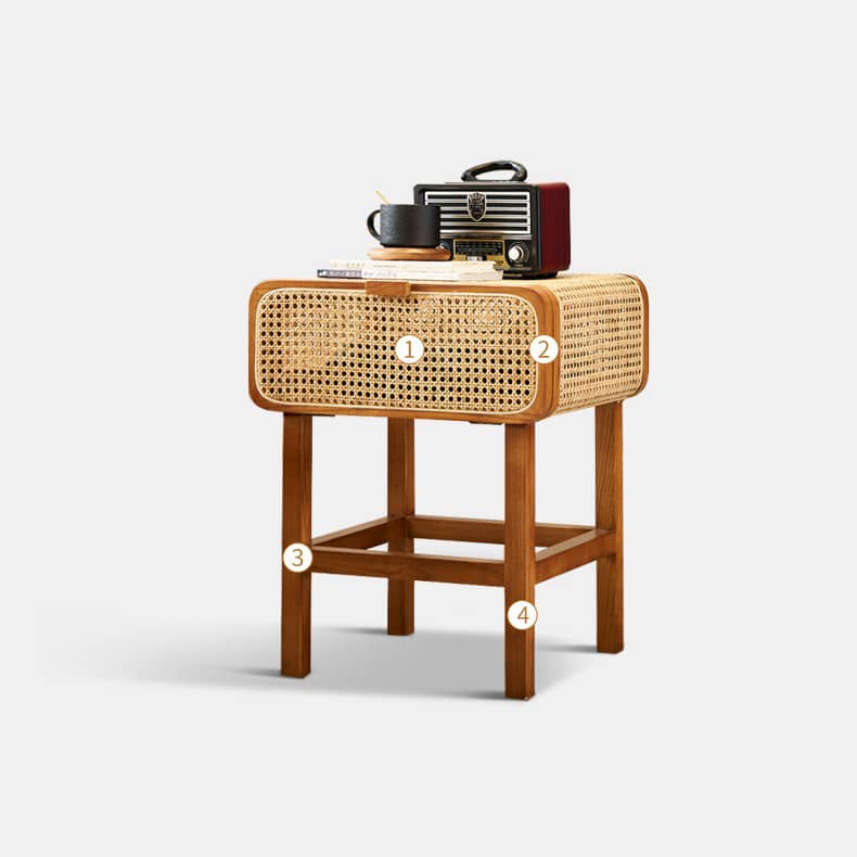 Stylish Ash Wood and Rattan Bedside Cupboard - Natural Finish htzm-1524