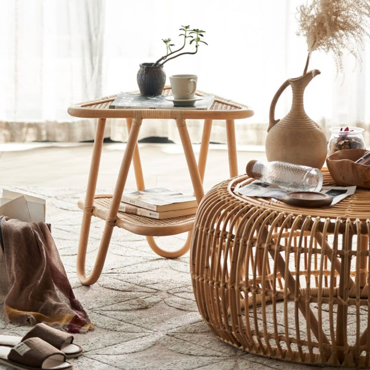 Natural Wood and Rattan Tea Table – Elegant and Durable Design htzm-1528