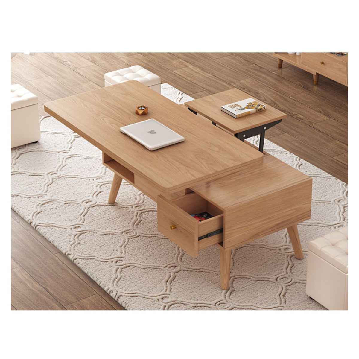 Elegant White Tea Table with Natural Solid Oak Wood and Ceramic Accents hx-1565