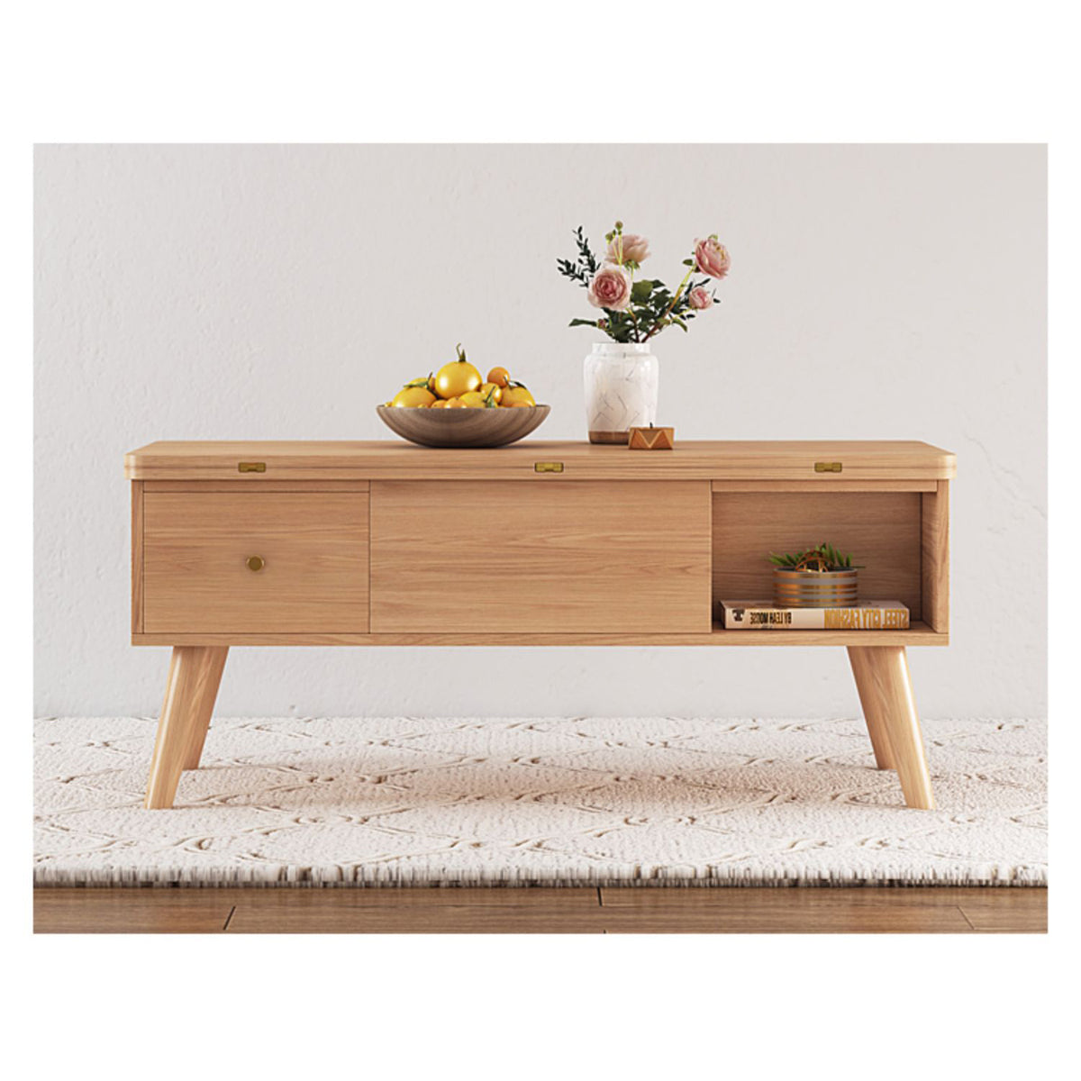 Elegant White Tea Table with Natural Solid Oak Wood and Ceramic Accents hx-1565