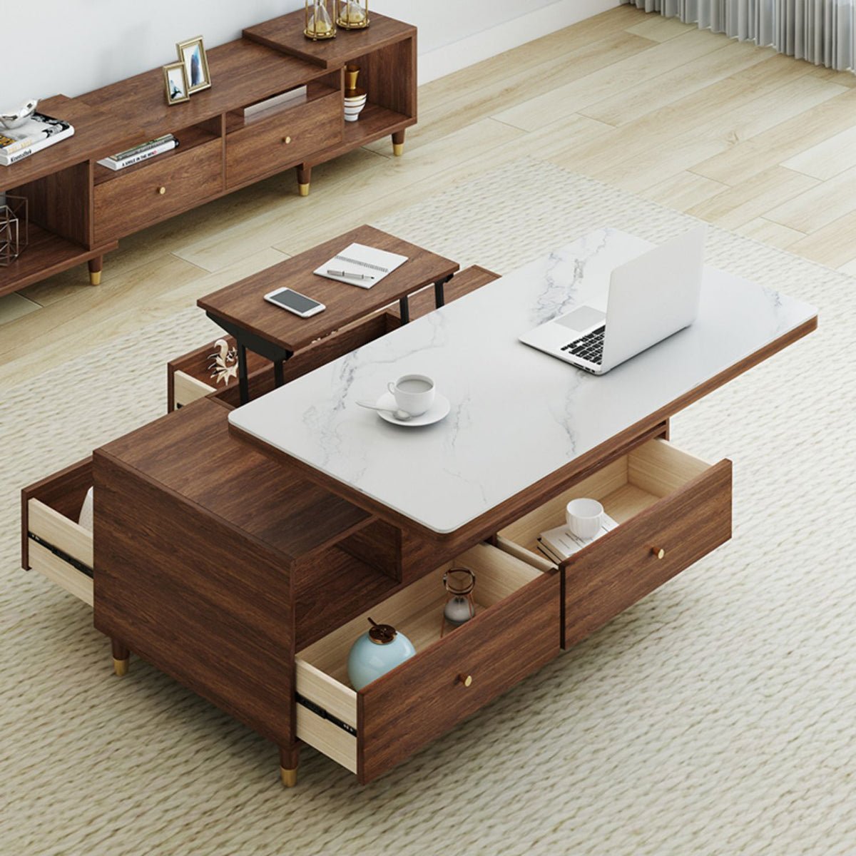 Elegant Solid Wood Tea Table with White Ceramic Top – Perfect for Modern Homes hx-1570