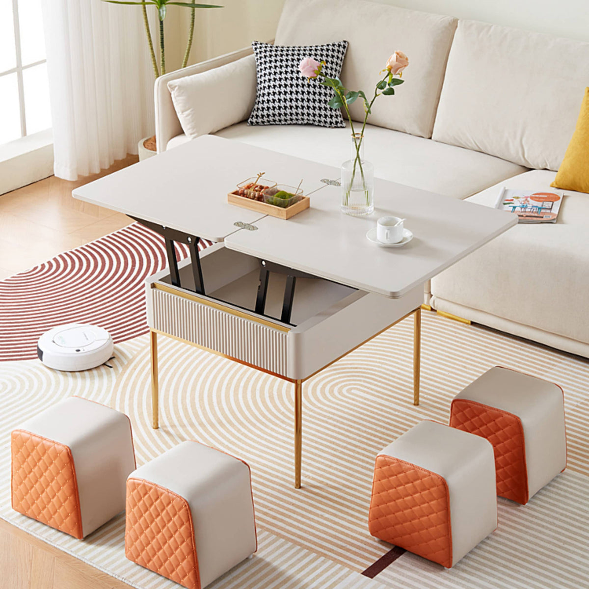 Solid Wood Stool with Beige and Orange Faux Leather Upholstery hx-1577