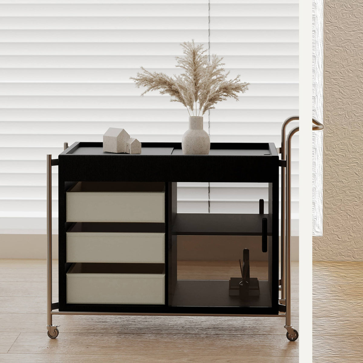 Sleek Stainless Steel Cart with Tempered Glass Shelves and Faux Leather Accents hxj-2706