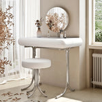 Sleek Modern Makeup Table with Round Mirror and Stylish Stool - Multi-Layer Design for Ultimate Vanity Experience hxy-5159