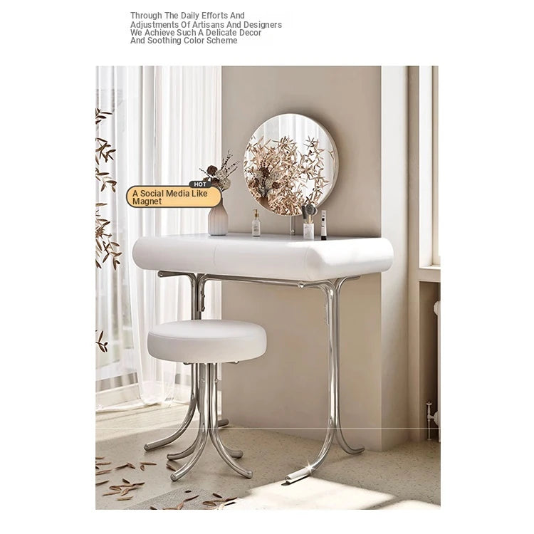 Sleek Modern Makeup Table with Round Mirror and Stylish Stool - Multi-Layer Design for Ultimate Vanity Experience hxy-5159