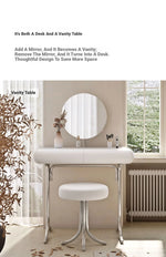 Sleek Modern Makeup Table with Round Mirror and Stylish Stool - Multi-Layer Design for Ultimate Vanity Experience hxy-5159
