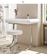 Sleek Modern Makeup Table with Round Mirror and Stylish Stool - Multi-Layer Design for Ultimate Vanity Experience hxy-5159
