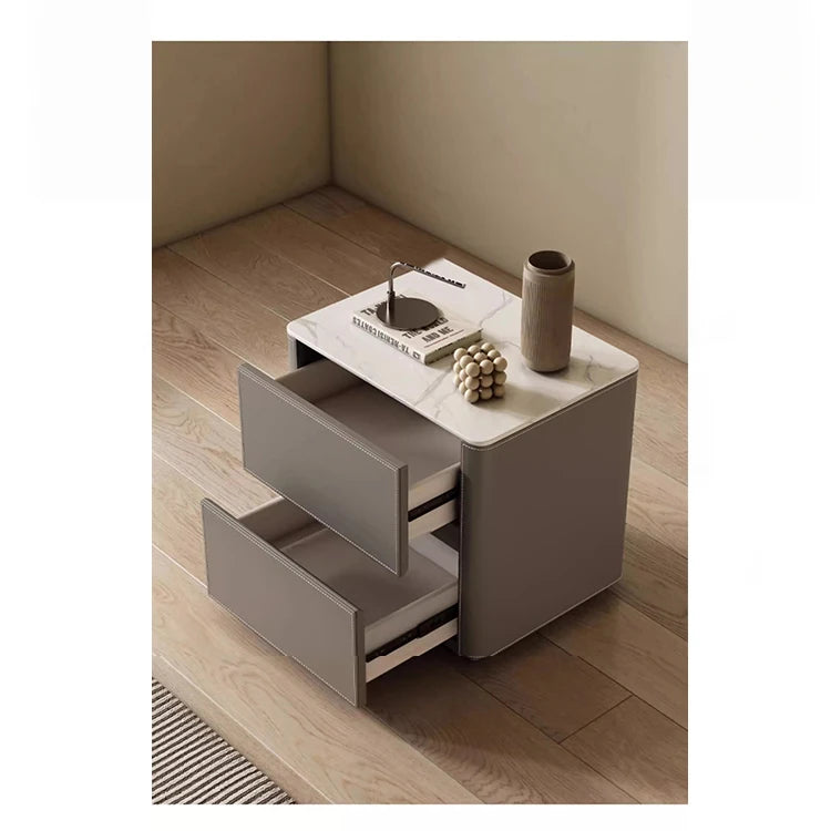 Stylish Ceramic Sintered Stone Bedside Cupboard with Sleek Synthetic Leather Finish - Modern Nightstand for Bedroom Storage hxy-5161