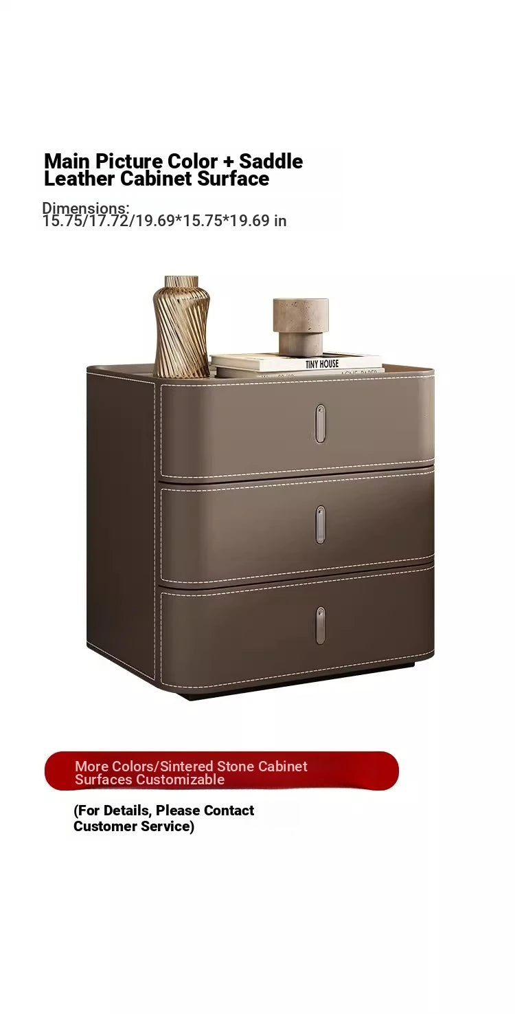 Stylish Bedside Cupboard with Ceramic Sintered Stone and Solid Wood - 3 Drawer Nightstand in Synthetic Leather Finish hxy-5166