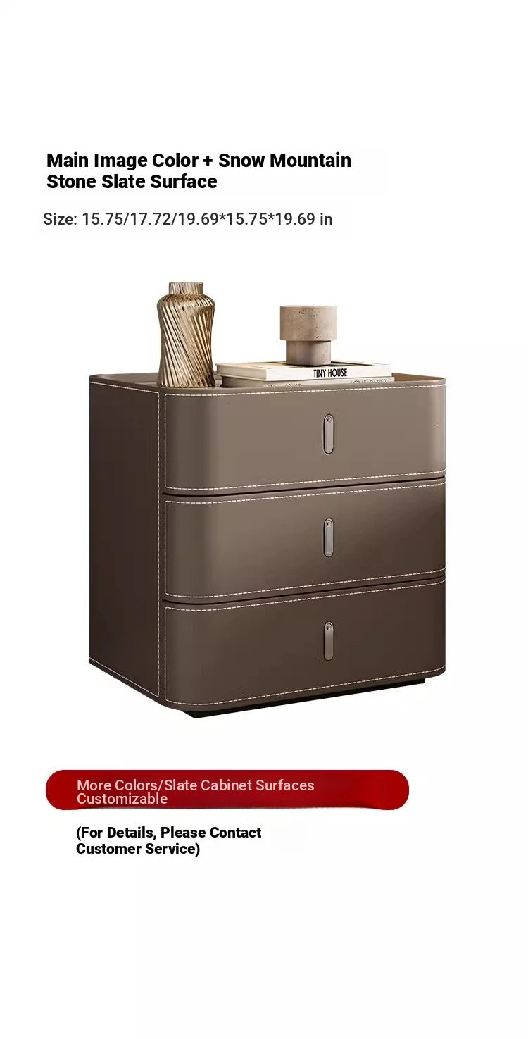 Stylish Bedside Cupboard with Ceramic Sintered Stone and Solid Wood - 3 Drawer Nightstand in Synthetic Leather Finish hxy-5166