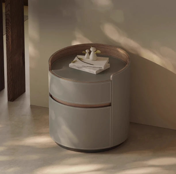 Elegant Round Bedside Cupboard with Multi-layer Board & Synthetic Leather Finish - Stylish Storage Solution for Modern Bedrooms hxy-5167