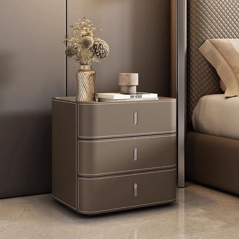 Stylish Bedside Cupboard with Ceramic Sintered Stone and Solid Wood - 3 Drawer Nightstand in Synthetic Leather Finish hxy-5166
