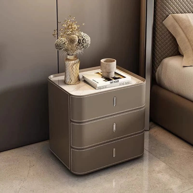 Stylish Bedside Cupboard with Ceramic Sintered Stone and Solid Wood - 3 Drawer Nightstand in Synthetic Leather Finish hxy-5166