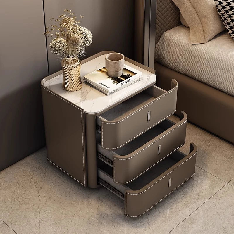 Stylish Bedside Cupboard with Ceramic Sintered Stone and Solid Wood - 3 Drawer Nightstand in Synthetic Leather Finish hxy-5166