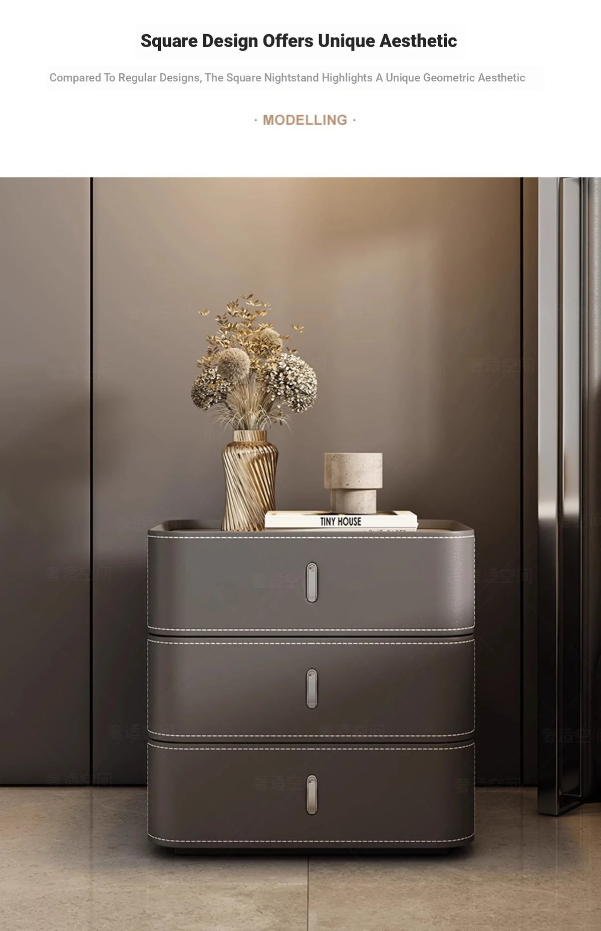 Stylish Bedside Cupboard with Ceramic Sintered Stone and Solid Wood - 3 Drawer Nightstand in Synthetic Leather Finish hxy-5166