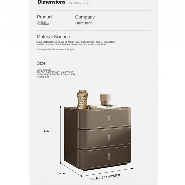 Stylish Bedside Cupboard with Ceramic Sintered Stone and Solid Wood - 3 Drawer Nightstand in Synthetic Leather Finish hxy-5166
