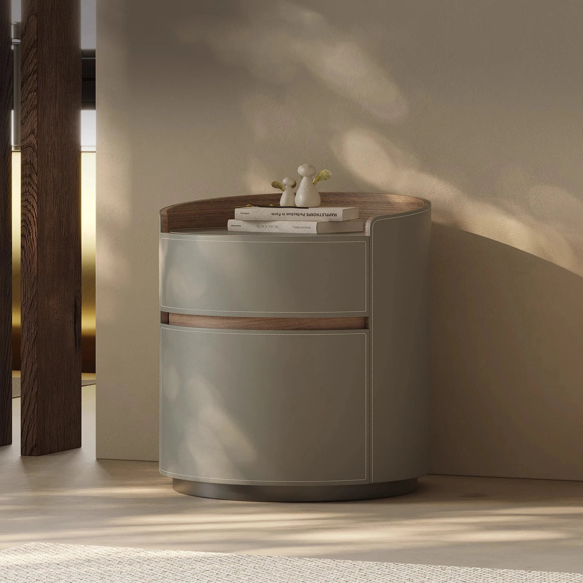 Elegant Round Bedside Cupboard with Multi-layer Board & Synthetic Leather Finish - Stylish Storage Solution for Modern Bedrooms hxy-5167