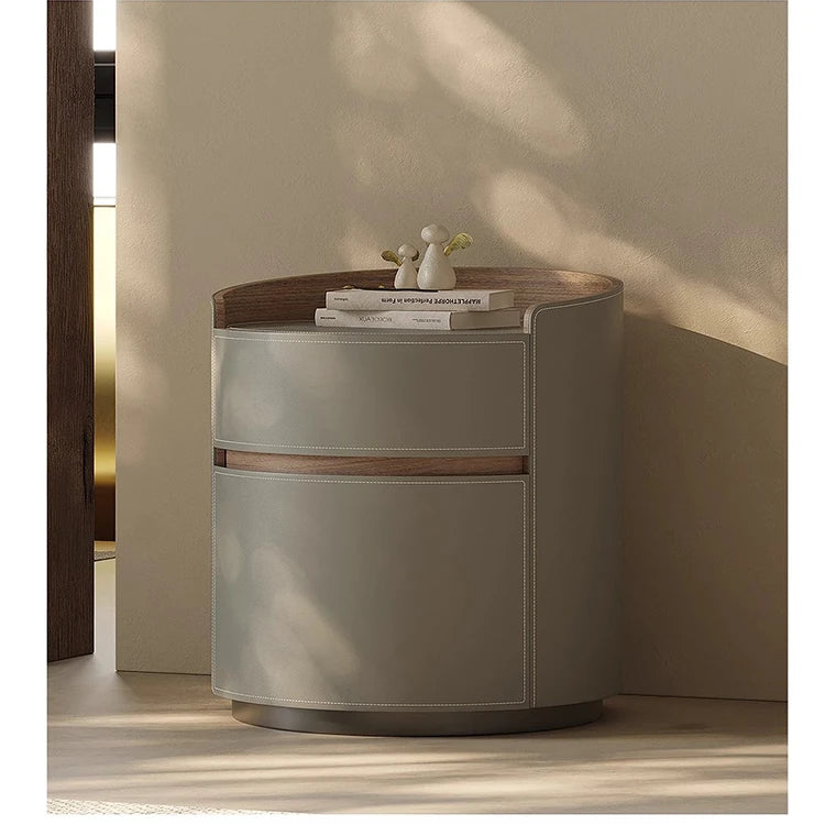 Elegant Round Bedside Cupboard with Multi-layer Board & Synthetic Leather Finish - Stylish Storage Solution for Modern Bedrooms hxy-5167
