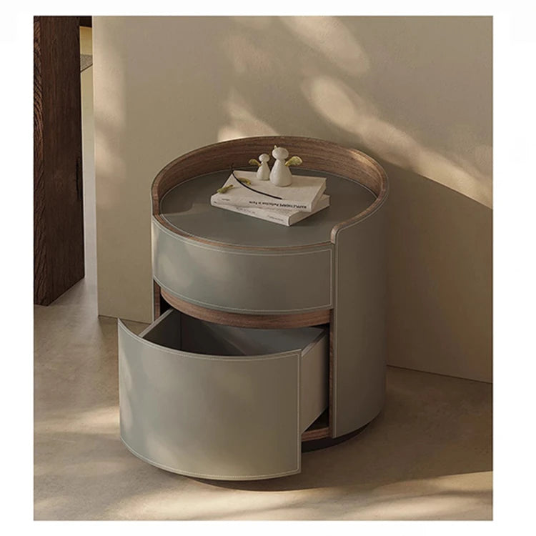 Elegant Round Bedside Cupboard with Multi-layer Board & Synthetic Leather Finish - Stylish Storage Solution for Modern Bedrooms hxy-5167