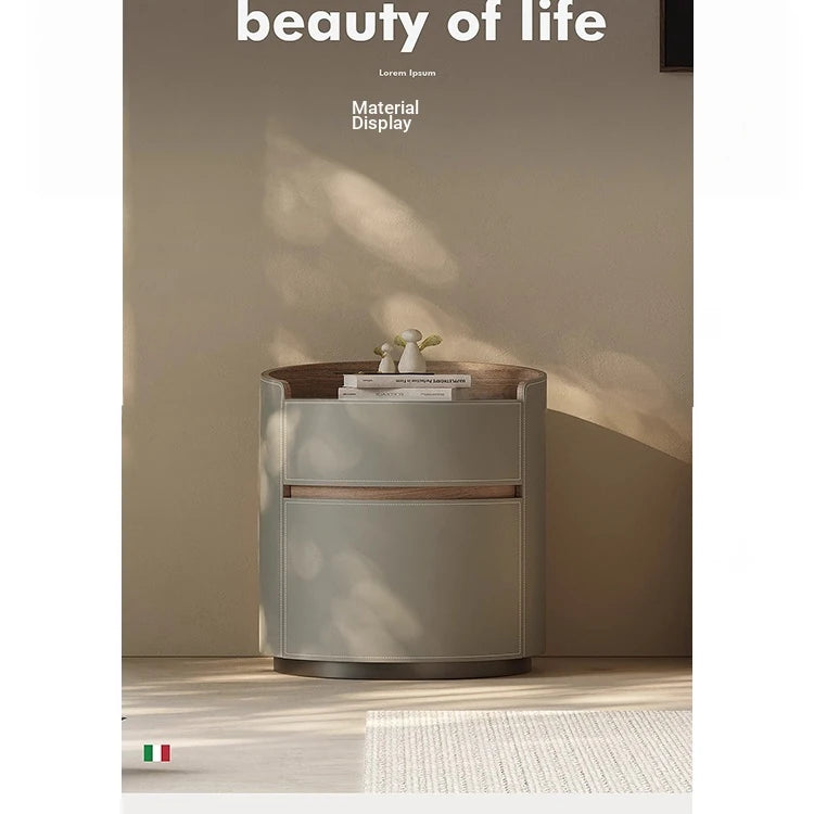 Elegant Round Bedside Cupboard with Multi-layer Board & Synthetic Leather Finish - Stylish Storage Solution for Modern Bedrooms hxy-5167