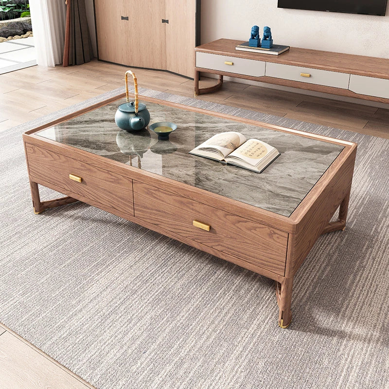 Stylish Ash Wood Coffee Table with Sintered Stone Top and Storage Drawers - Modern Living Room Furniture hyc-3116