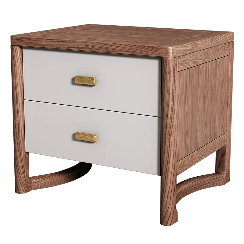 Elegant Ash Wood Nightstand with Dual Drawers and Gold Accents – Modern Bedroom Storage Solution hyc-3119