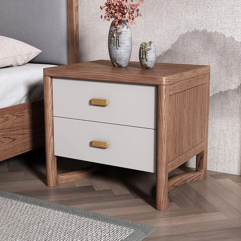 Elegant Ash Wood Nightstand with Dual Drawers and Gold Accents – Modern Bedroom Storage Solution hyc-3119
