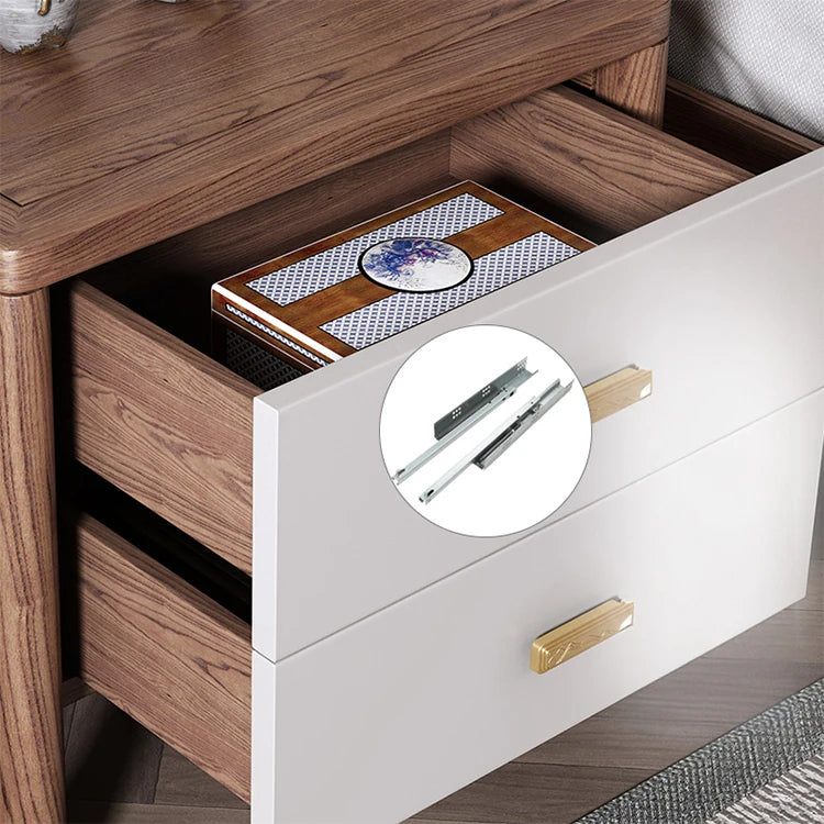 Elegant Ash Wood Nightstand with Dual Drawers and Gold Accents – Modern Bedroom Storage Solution hyc-3119
