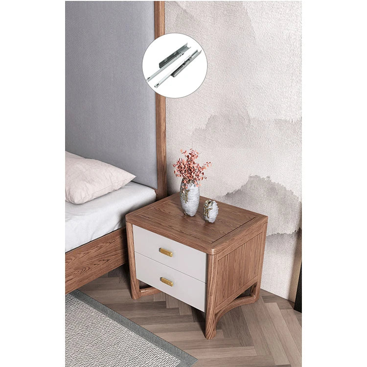 Elegant Ash Wood Nightstand with Dual Drawers and Gold Accents – Modern Bedroom Storage Solution hyc-3119