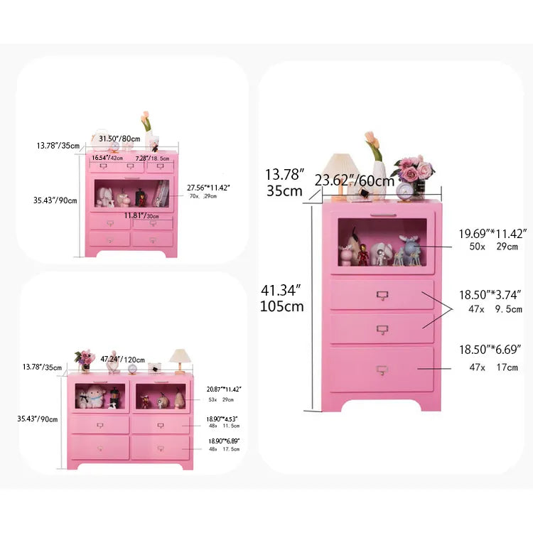 Stylish Pink Solid Wood Cabinet with Tempered Glass Display Shelves hyj-2298