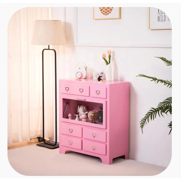 Stylish Pink Solid Wood Cabinet with Tempered Glass Display Shelves hyj-2298