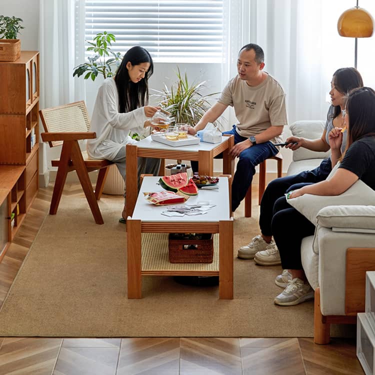 Sleek Tea Table Collection: Cherry Wood, Red Oak & Black Walnut with Marble or Tempered Glass Tops and Rattan Accents hykmq-791