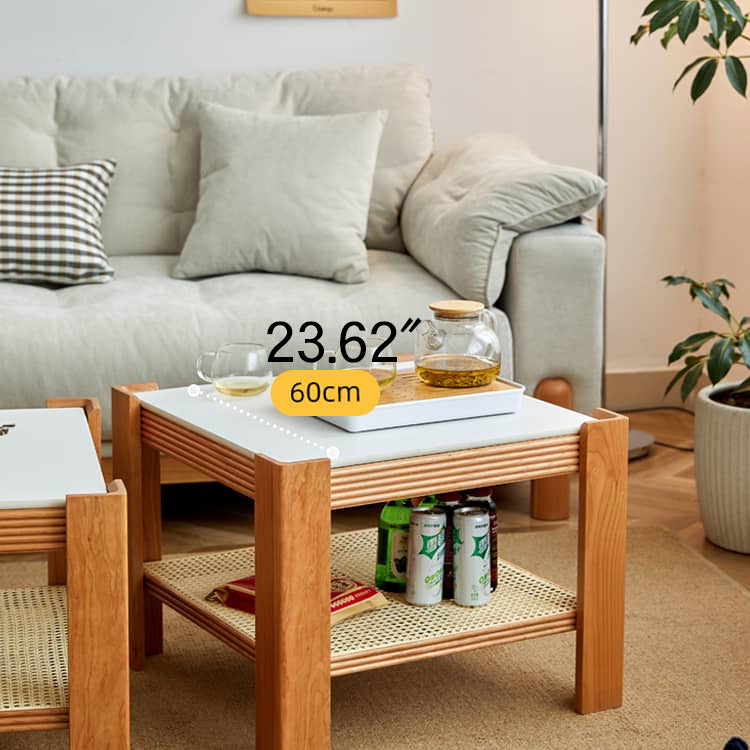 Sleek Tea Table Collection: Cherry Wood, Red Oak & Black Walnut with Marble or Tempered Glass Tops and Rattan Accents hykmq-791