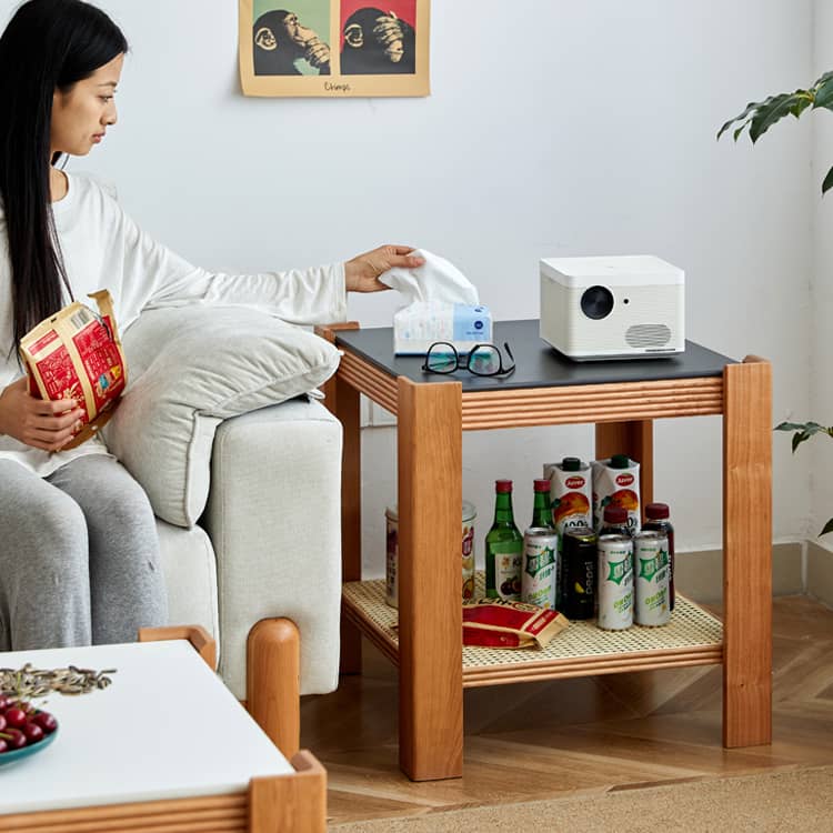 Sleek Tea Table Collection: Cherry Wood, Red Oak & Black Walnut with Marble or Tempered Glass Tops and Rattan Accents hykmq-791
