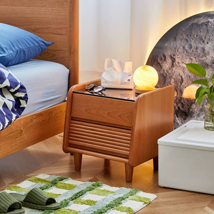 Stylish Bedside Cupboard in Red Oak and Cherry Wood with Glass Accents hykmq-794