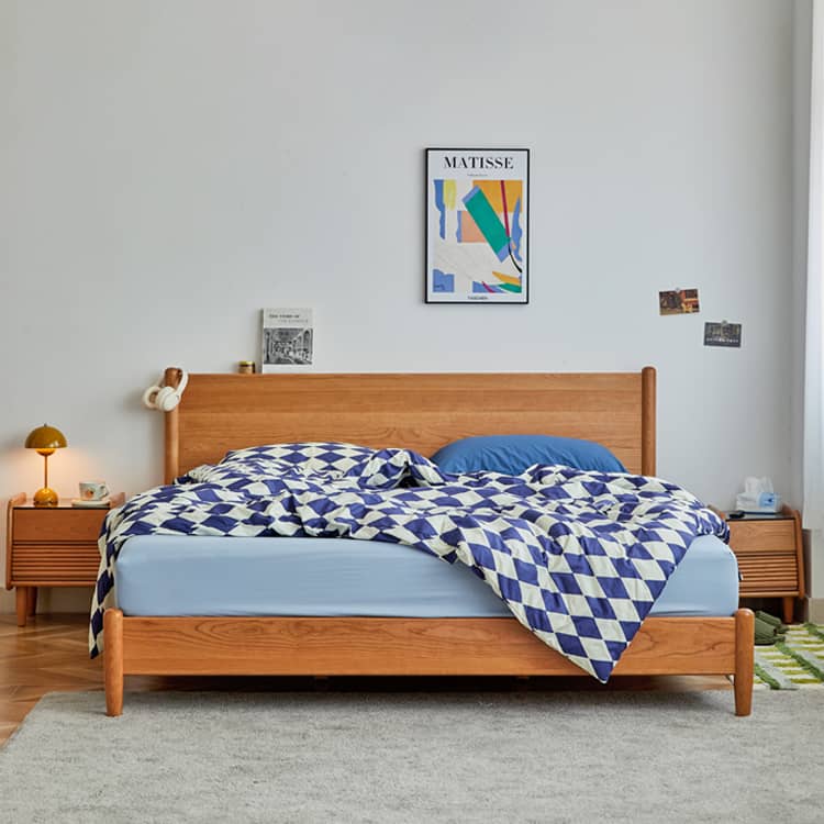 Stylish Bedside Cupboard in Red Oak and Cherry Wood with Glass Accents hykmq-794