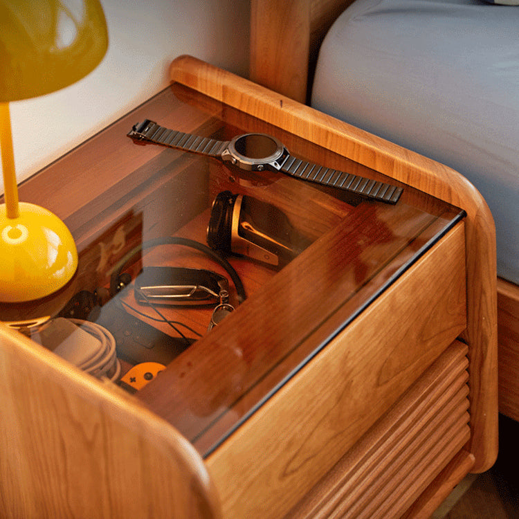 Stylish Bedside Cupboard in Red Oak and Cherry Wood with Glass Accents hykmq-794