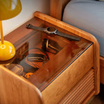 Stylish Bedside Cupboard in Red Oak and Cherry Wood with Glass Accents hykmq-794