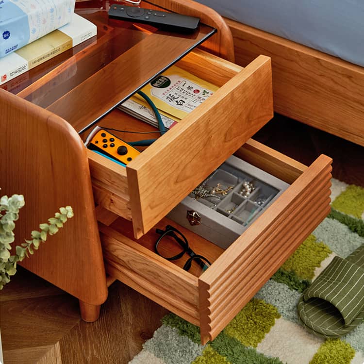 Stylish Bedside Cupboard in Red Oak and Cherry Wood with Glass Accents hykmq-794