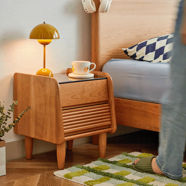 Stylish Bedside Cupboard in Red Oak and Cherry Wood with Glass Accents hykmq-794