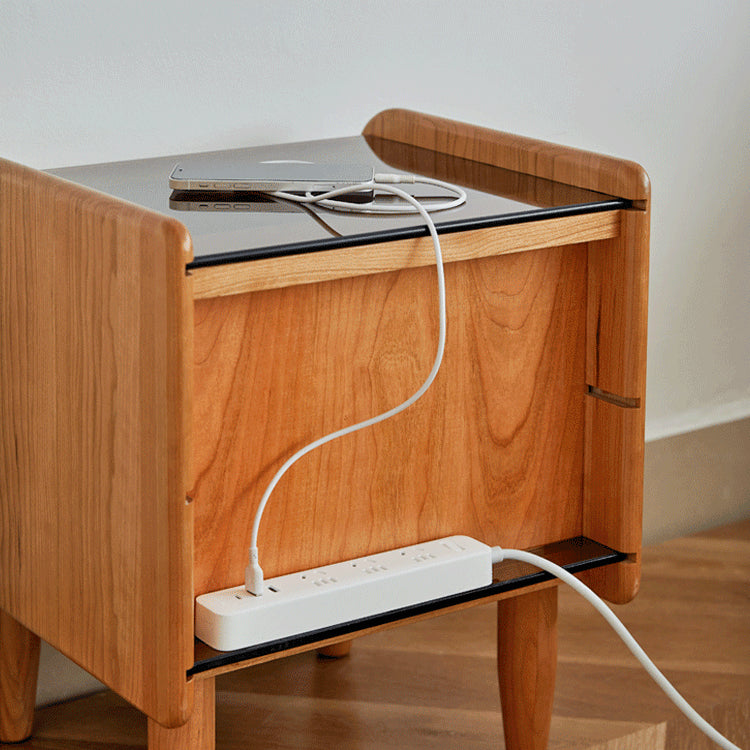 Stylish Bedside Cupboard in Red Oak and Cherry Wood with Glass Accents hykmq-794