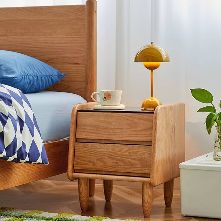 Stylish Bedside Cupboard in Red Oak and Cherry Wood with Glass Accents hykmq-794