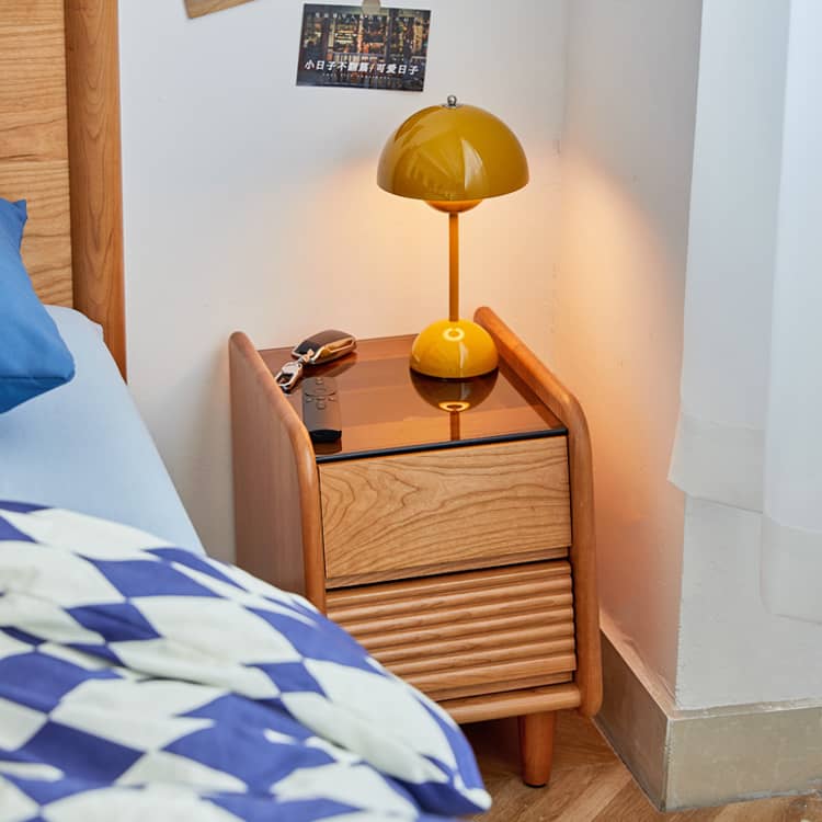 Stylish Bedside Cupboard in Red Oak and Cherry Wood with Glass Accents hykmq-794